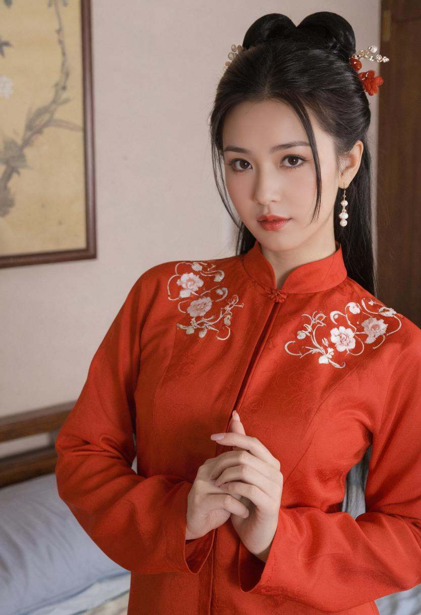 a woman in traditional dress while with a flowered design on it,  solo,  long hair on Tensor.Art