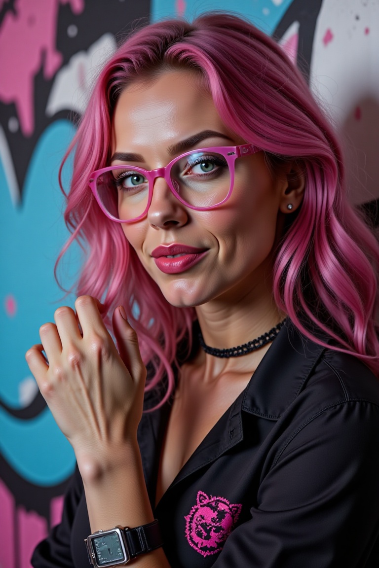 Close-up portrait of a stunning 20-year-old Caucasian girl with vibrant pink hair,  flawless pearlescent white skin,  and...