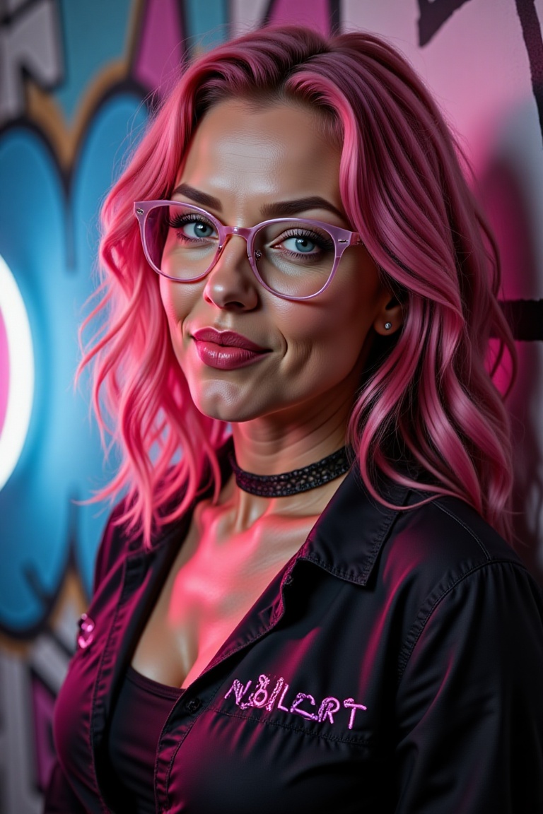 Close-up portrait of a stunning 20-year-old Caucasian girl with vibrant pink hair,  flawless pearlescent white skin,  and...