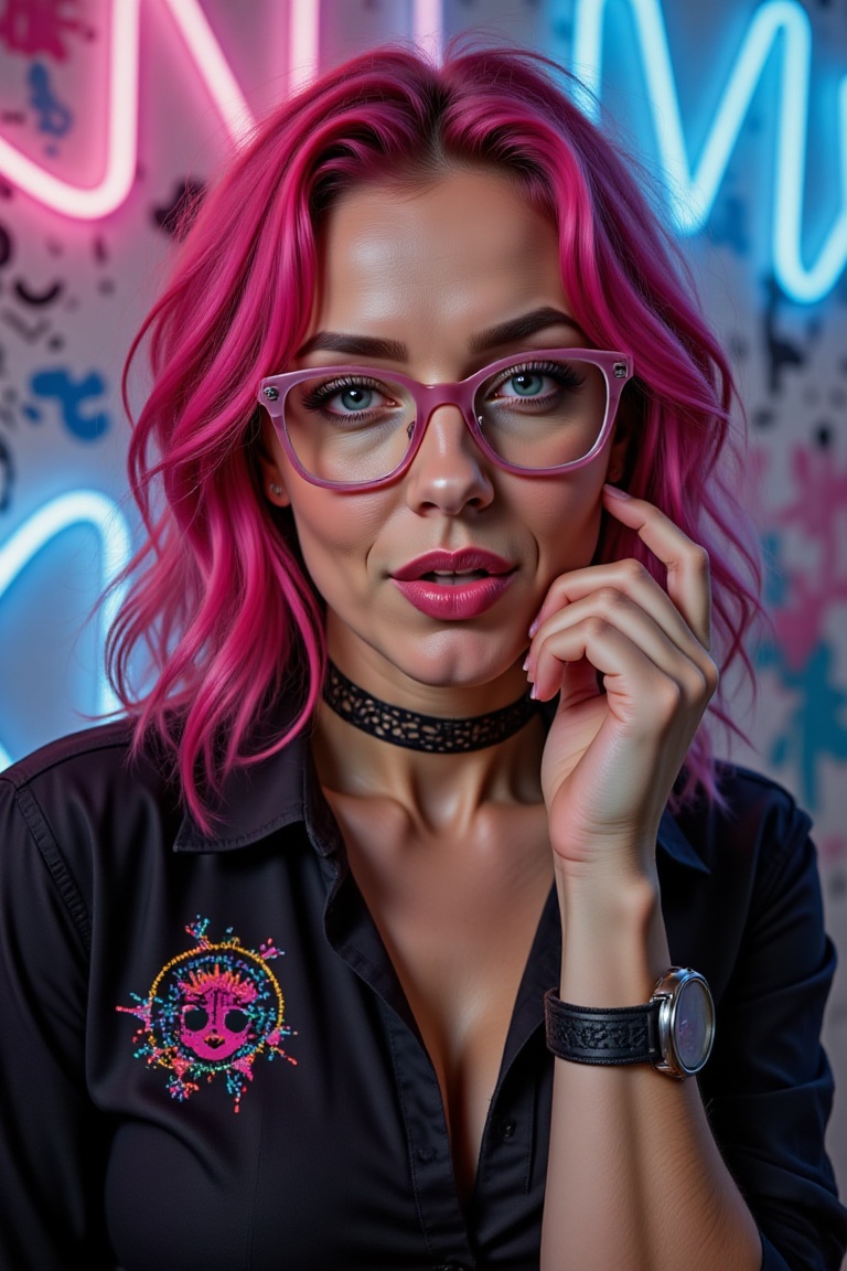 Close-up portrait of a stunning 20-year-old Caucasian girl with vibrant pink hair,  flawless pearlescent white skin,  and...