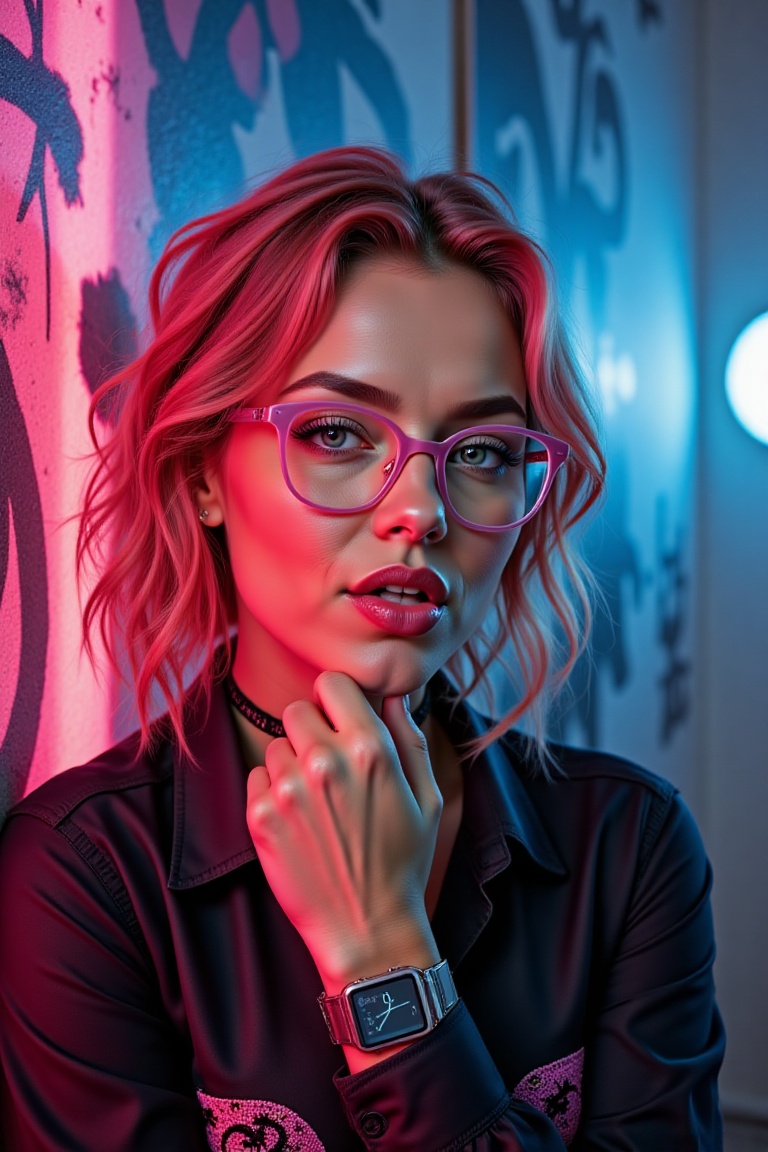 Close-up portrait of a stunning 20-year-old Caucasian girl with vibrant pink hair,  flawless pearlescent white skin,  and...