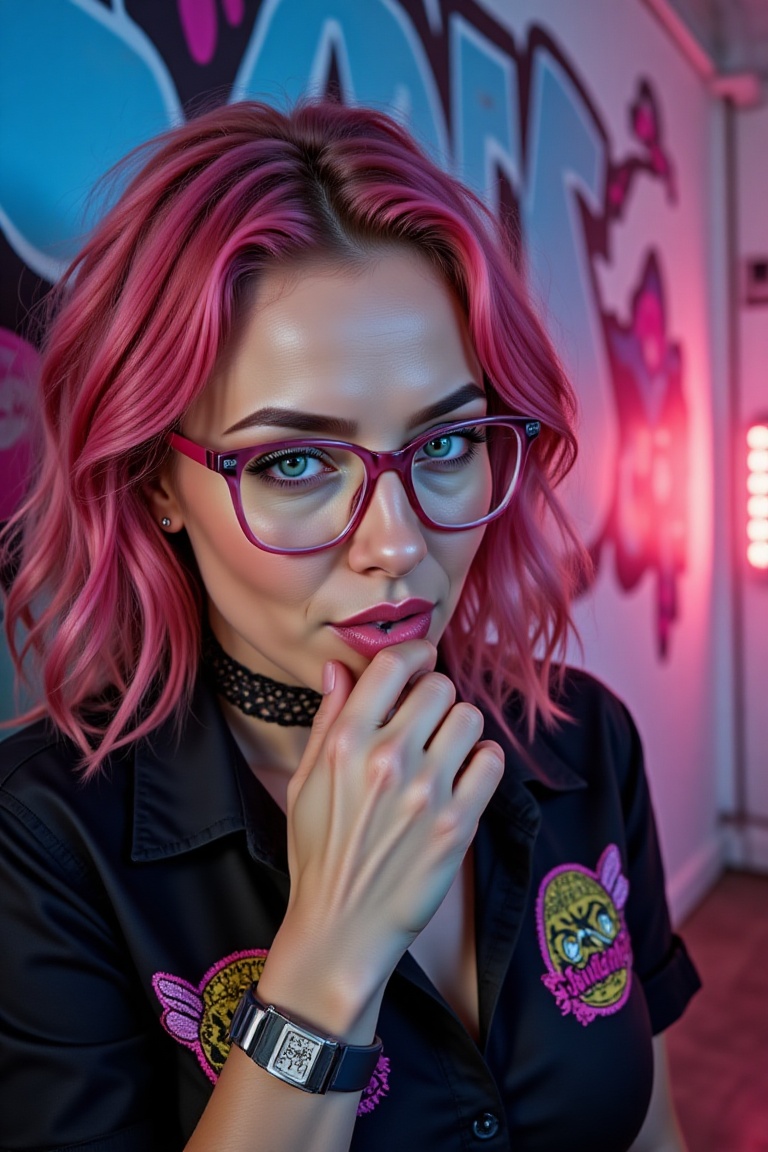 Close-up portrait of a stunning 20-year-old Caucasian girl with vibrant pink hair,  flawless pearlescent white skin,  and...
