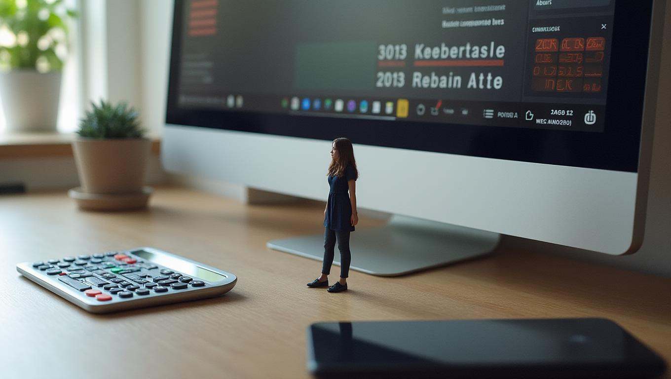photo of an extremely tiny mini woman standing on an office desk,  being dwarfed in size by her comparatively giant surrou...