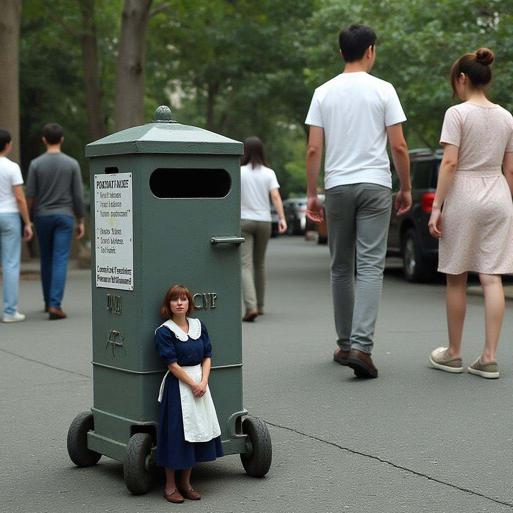 photo,  an extremely tiny mini japanese woman in a cat maid outfit stands and hides behind a public trash bin in a park wh...