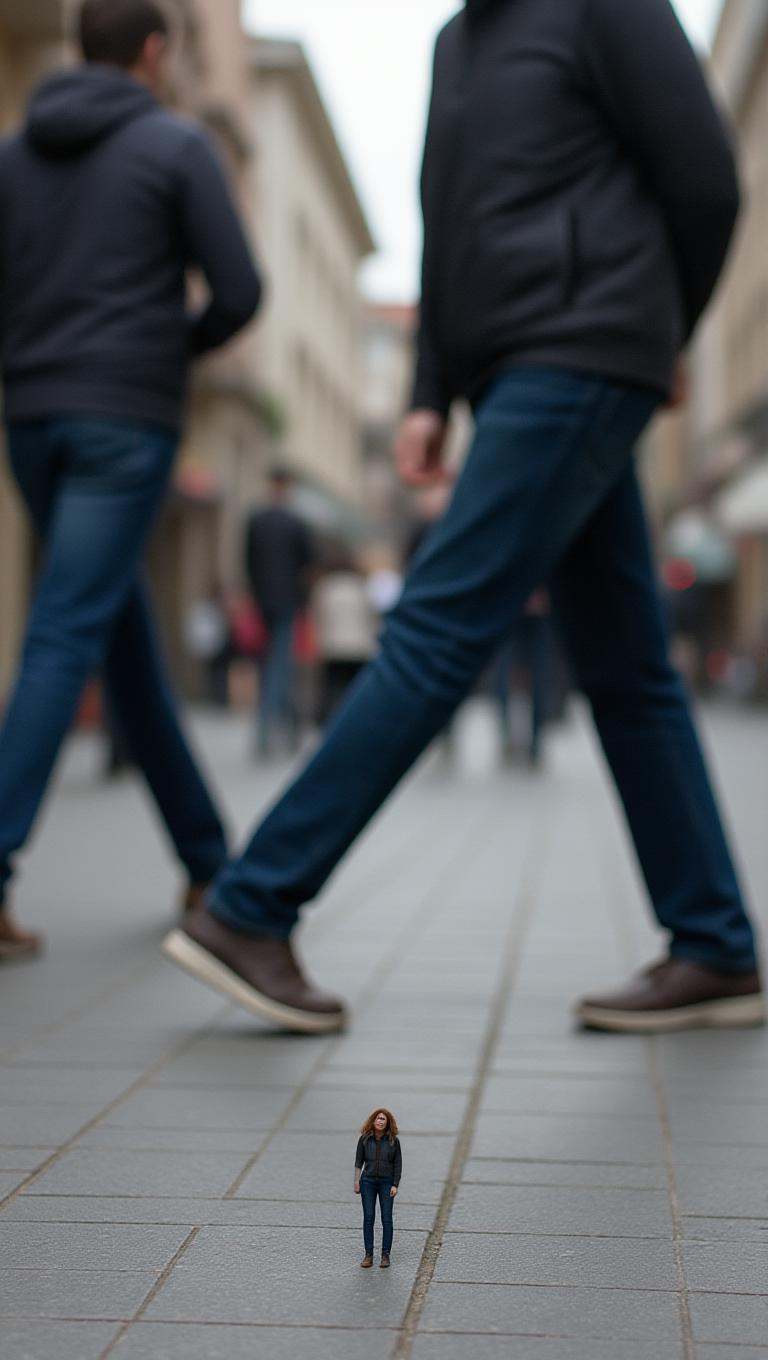 photo,  extremely tiny mini woman dressed in casual clothes standing on a city street pedestrian walkway pavement,  surrou...