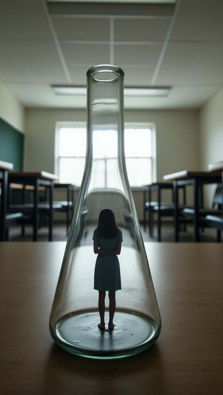 photo,  extremely tiny mini woman trapped under a glass beaker placed on a table inside an empty science class room. the c...