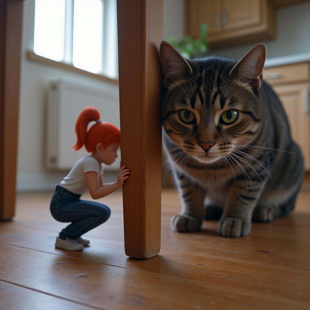 3d render in a 3d pixar disney cartoon artstyle picturing an extremely tiny mini woman with red hair in a ponytail crouche...