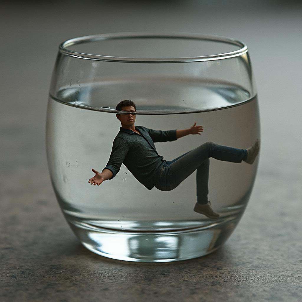 highly realistic and detailed 3d render,  an extremely tiny mini man wearing casual clothes swims inside a glass of water...