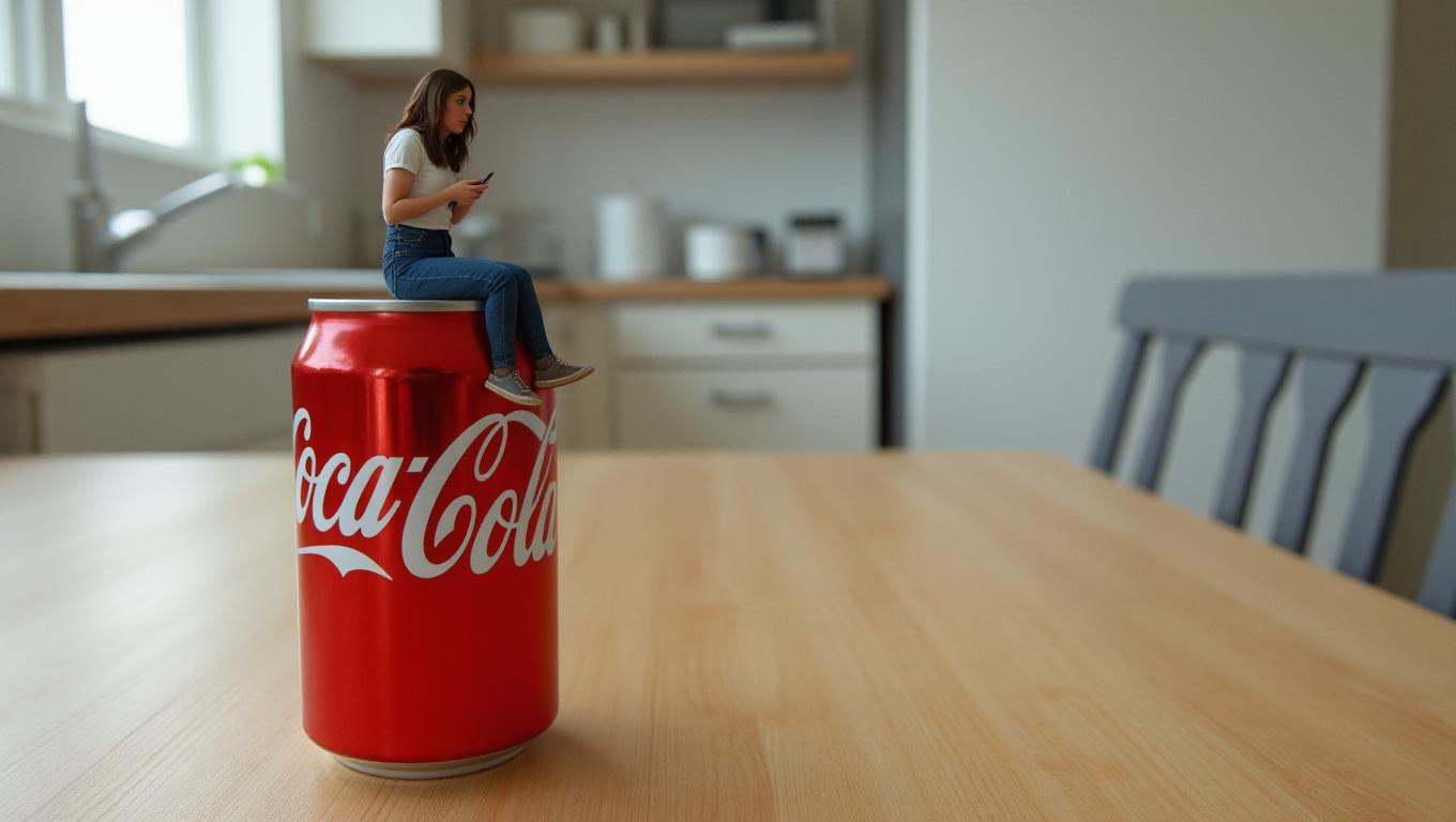 photo picturing an extremely tiny mini woman sitting on top of a can of coca cola placed on top of a wooden kitchen table....