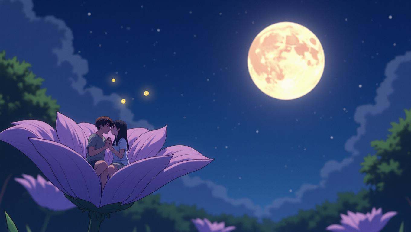 Extremely tiny mini couple stargazing from the curve of a flower petal,  captured in a dreamy anime romance style under a...