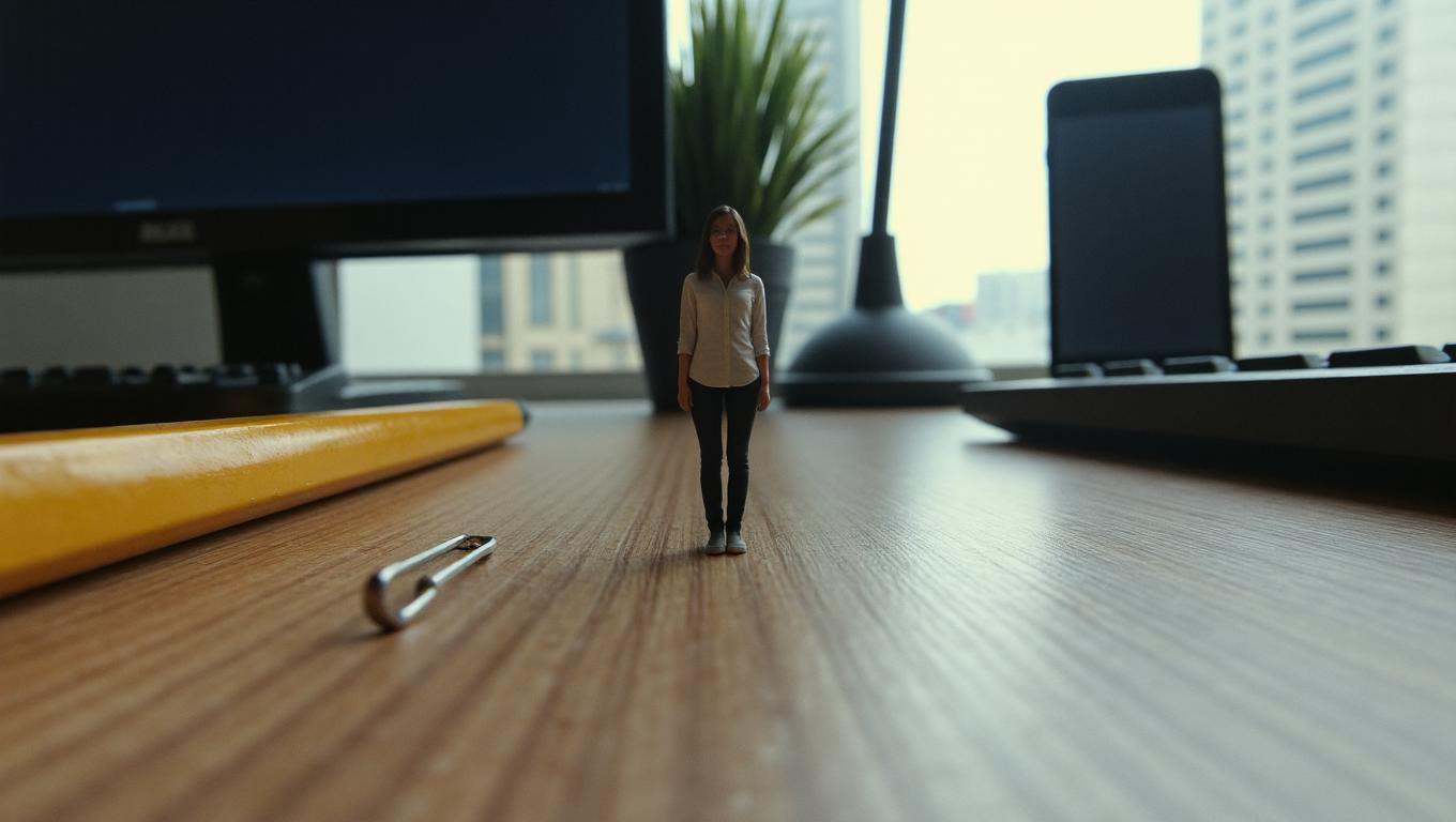 Mid-2010s office environment photograph using controlled window light and soft desk lamp illumination,  with sharp macro l...
