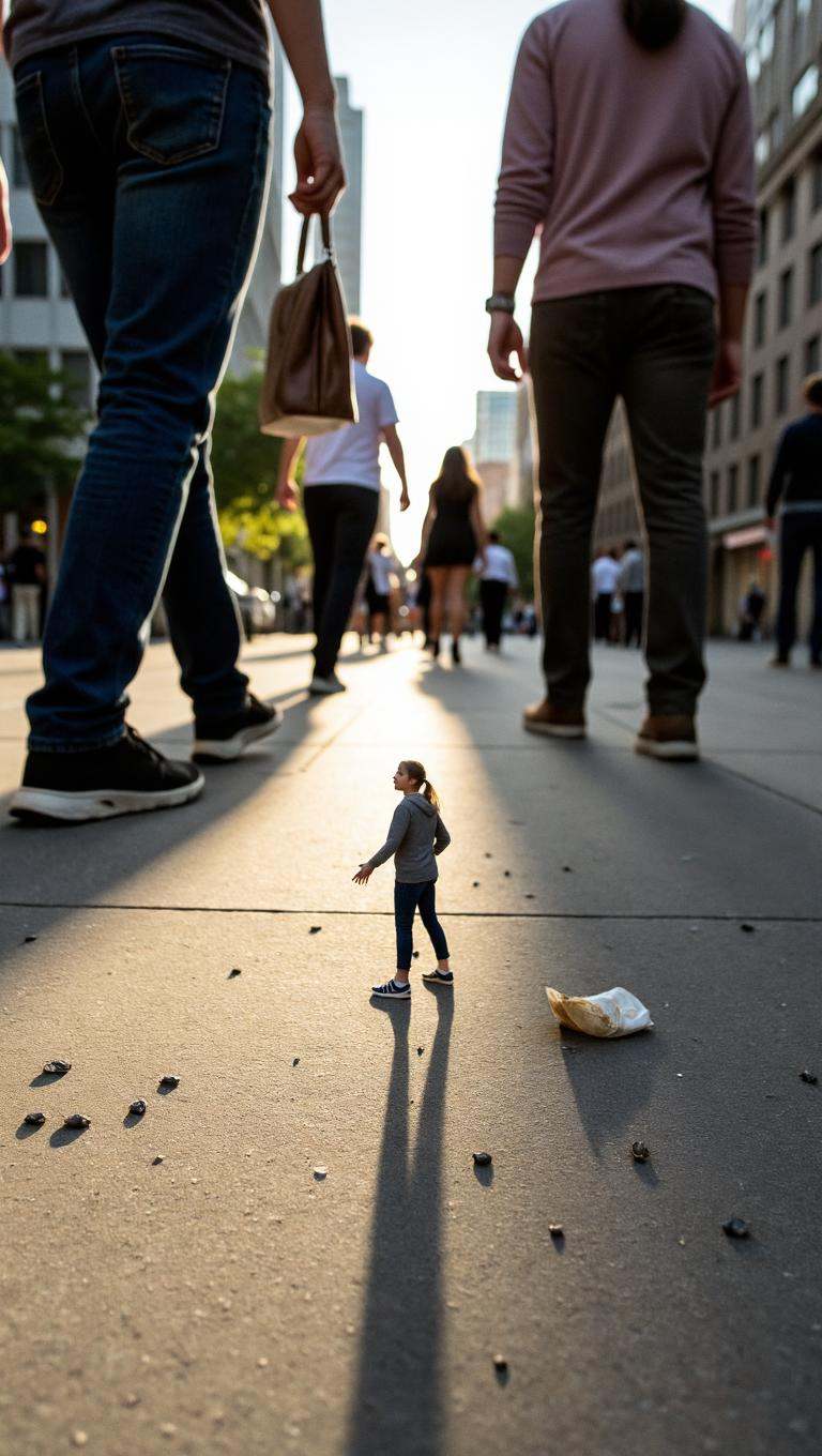 Urban street photo taken at eye level with a 50mm lens,  capturing late afternoon city bustle with soft shadows and golden...