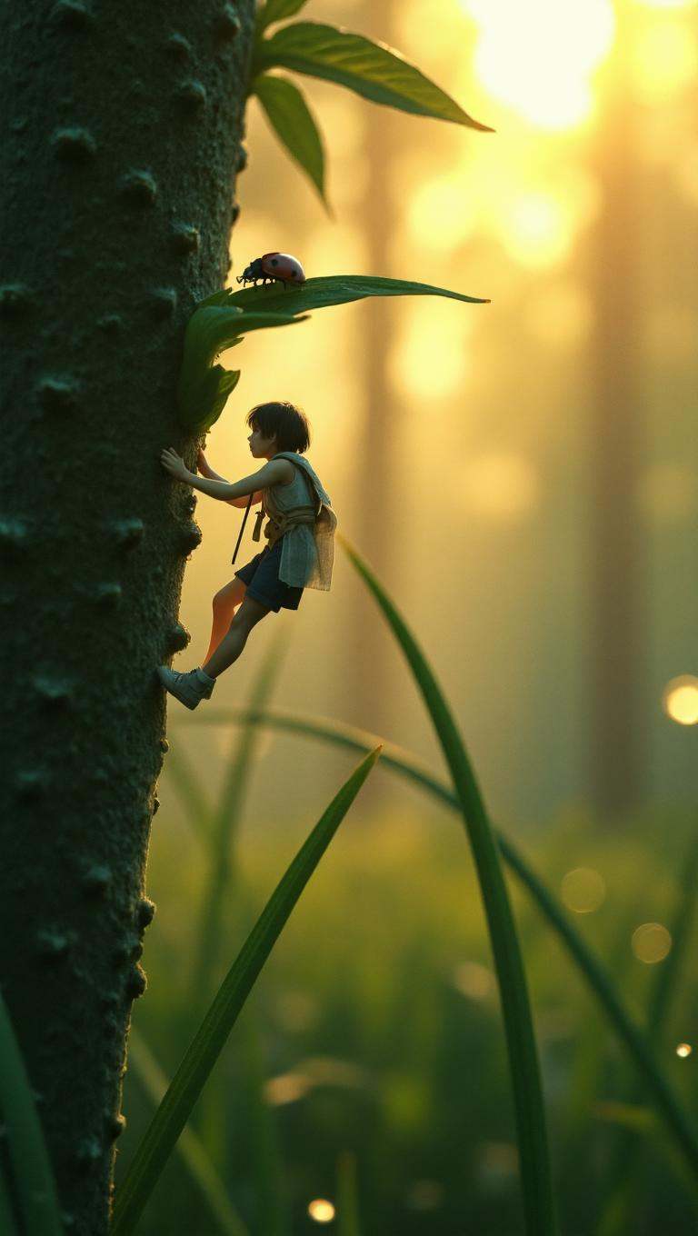 Extremely tiny mini hiker in a mossy forest clearing during golden hour,  just after a summer rainstorm.The image captures...