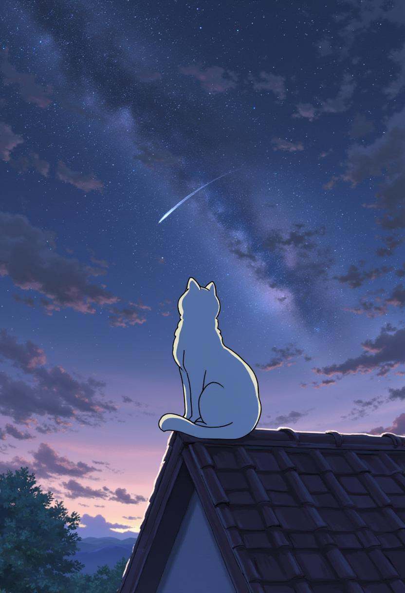 anime screencap in yn artstyle,  A fluffy white cat sits on the edge of a rooftop at night,  its tail curled around its pa...