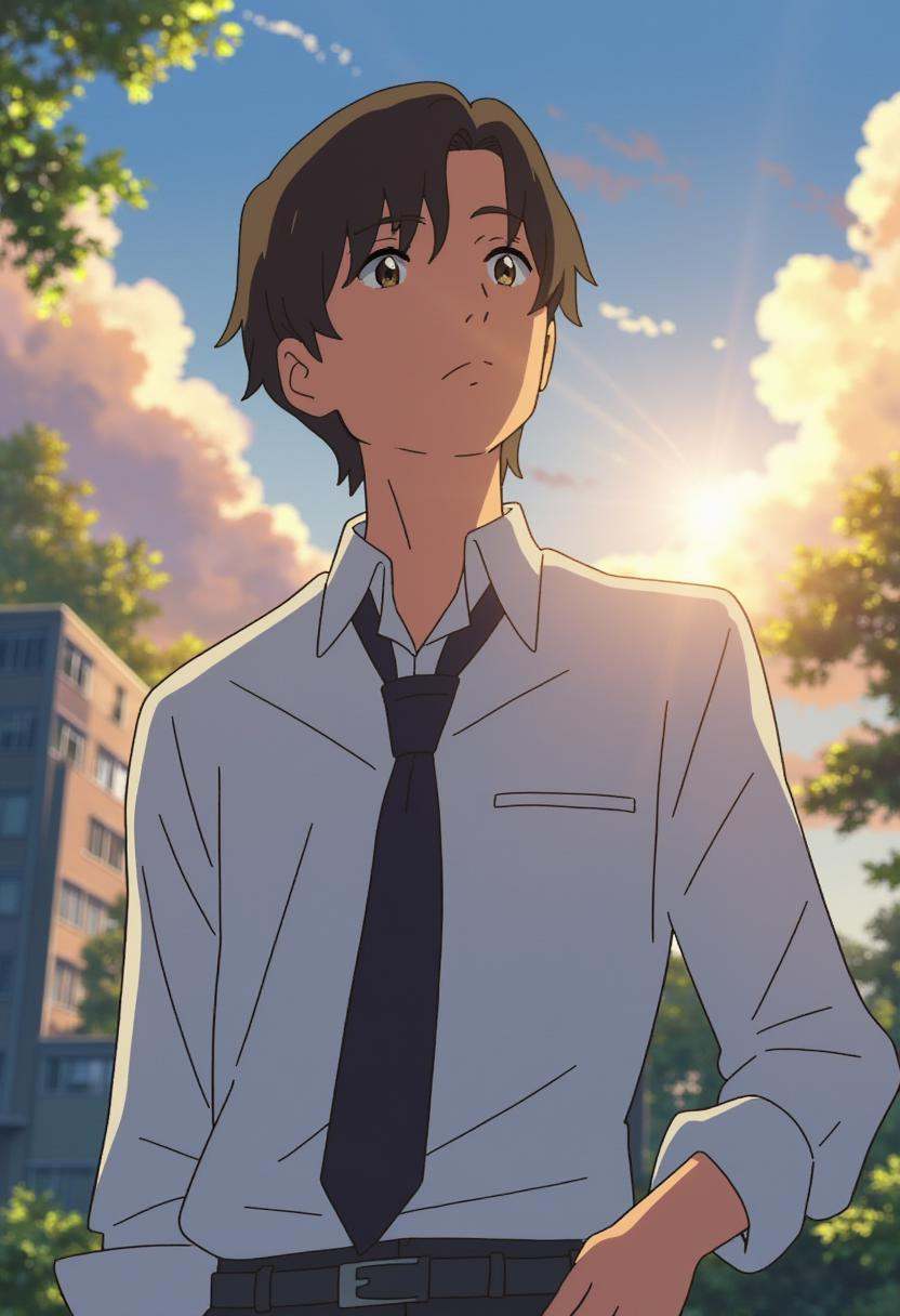 anime screencap in yn artstyle,  A high school boy in a white shirt and loosened tie gazes up at the sky with a thoughtful...
