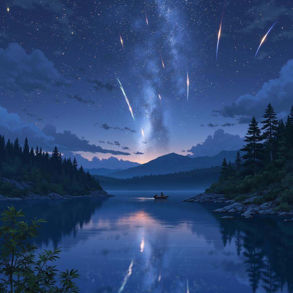anime screencap in yn artstyle,  A breathtaking night scene of a meteor shower reflecting on a still lake. The shooting st...