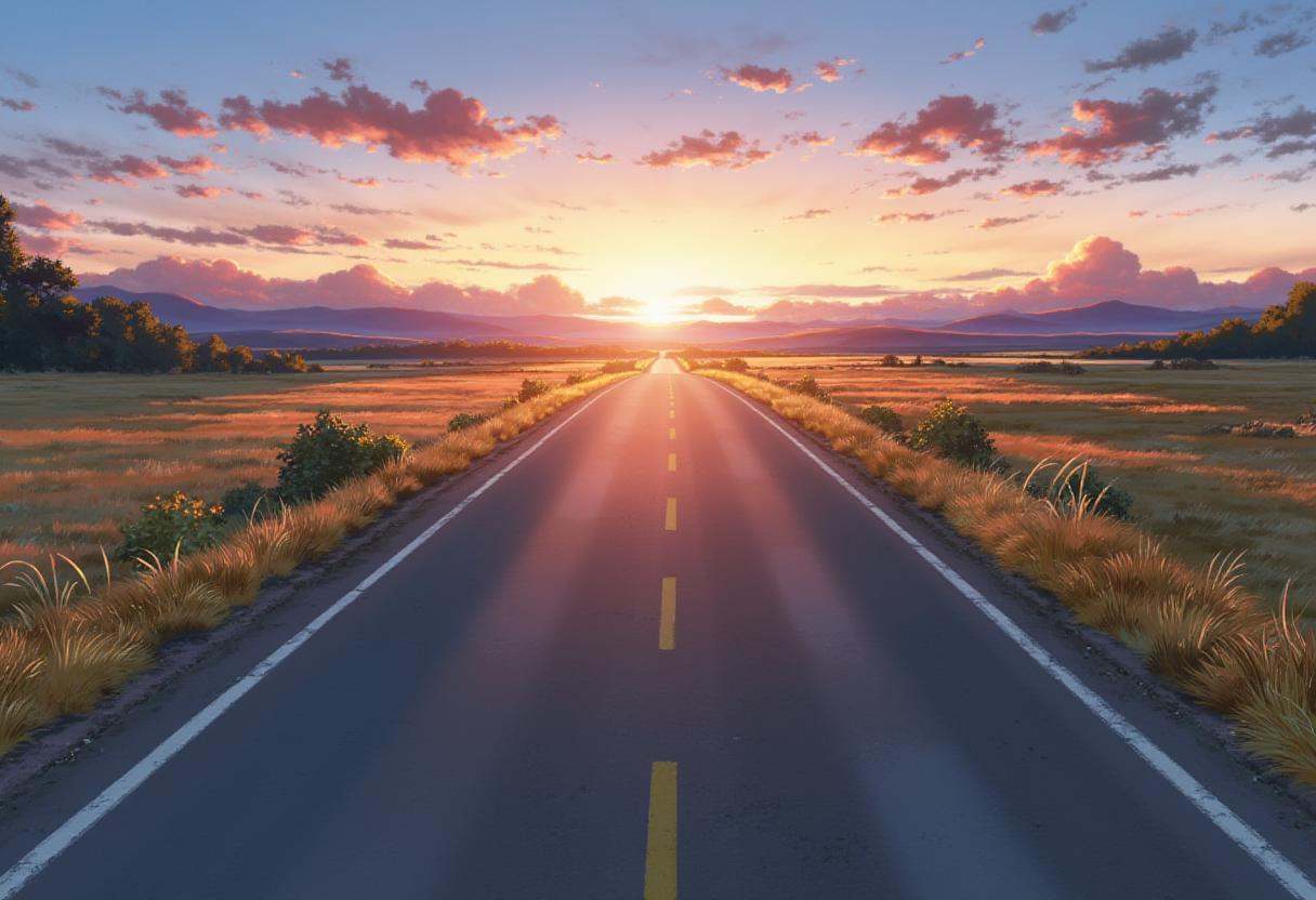 anime screencap in yn artstyle,  A peaceful road stretching into the distance,  flanked by fields of swaying golden grass....