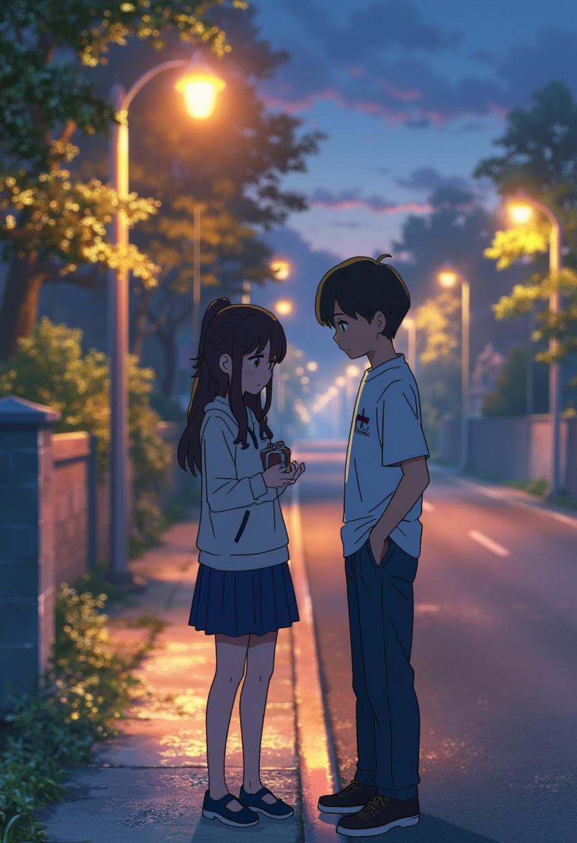 anime screencap in yn artstyle,  A teenage couple stands under a softly glowing streetlamp on a quiet road. The girl looks...