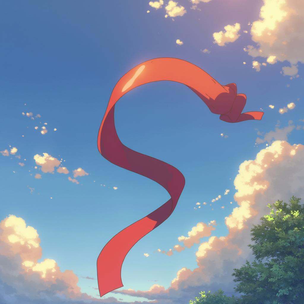 anime screencap in yn artstyle,  A delicate red ribbon twirls in the air against a soft blue sky with fluffy clouds. The s...