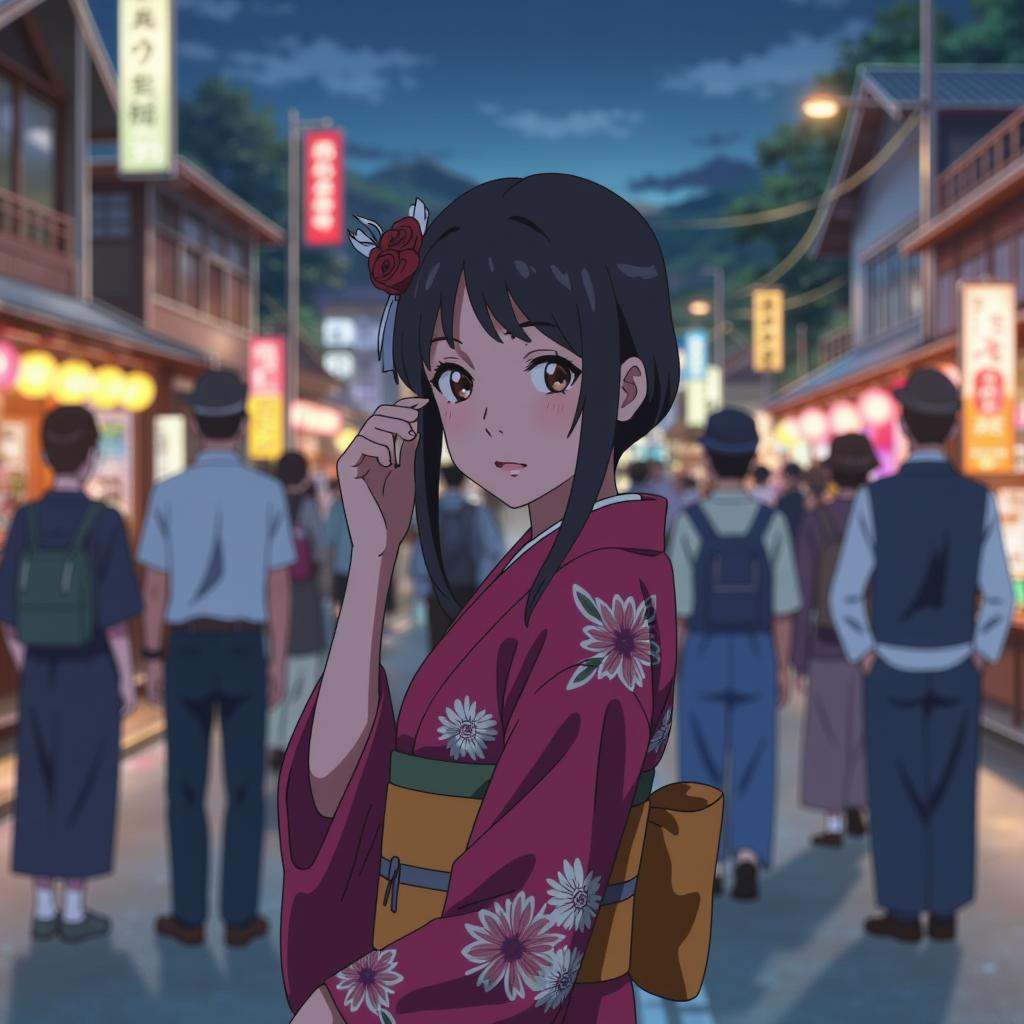 anime screencap in yn artstyle,  a 24yo woman wearing a kimono and makeup and traditional hair dress is standing in the mi...