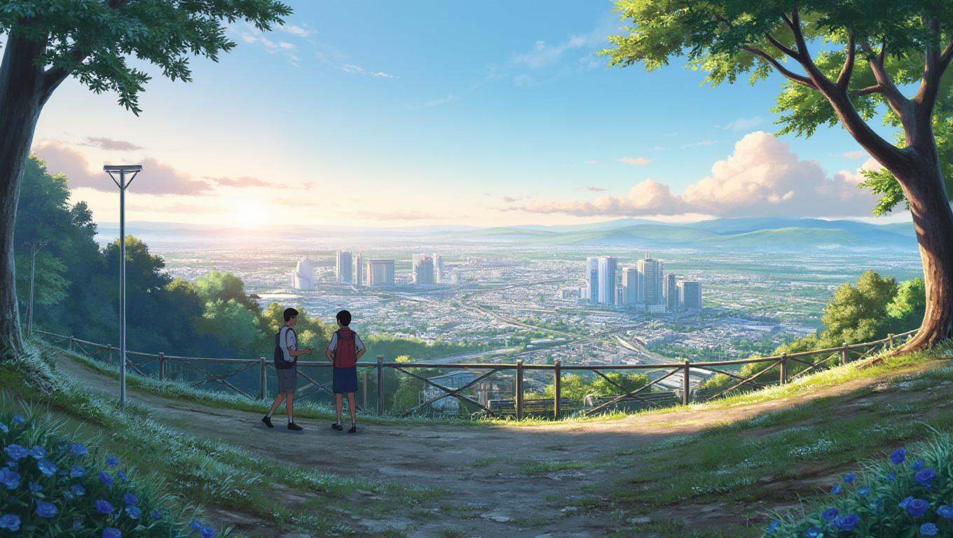 anime screencap in yn artstyle,  A scenic schoolyard on a hilltop,  with students in uniforms chatting by the fence. Below...