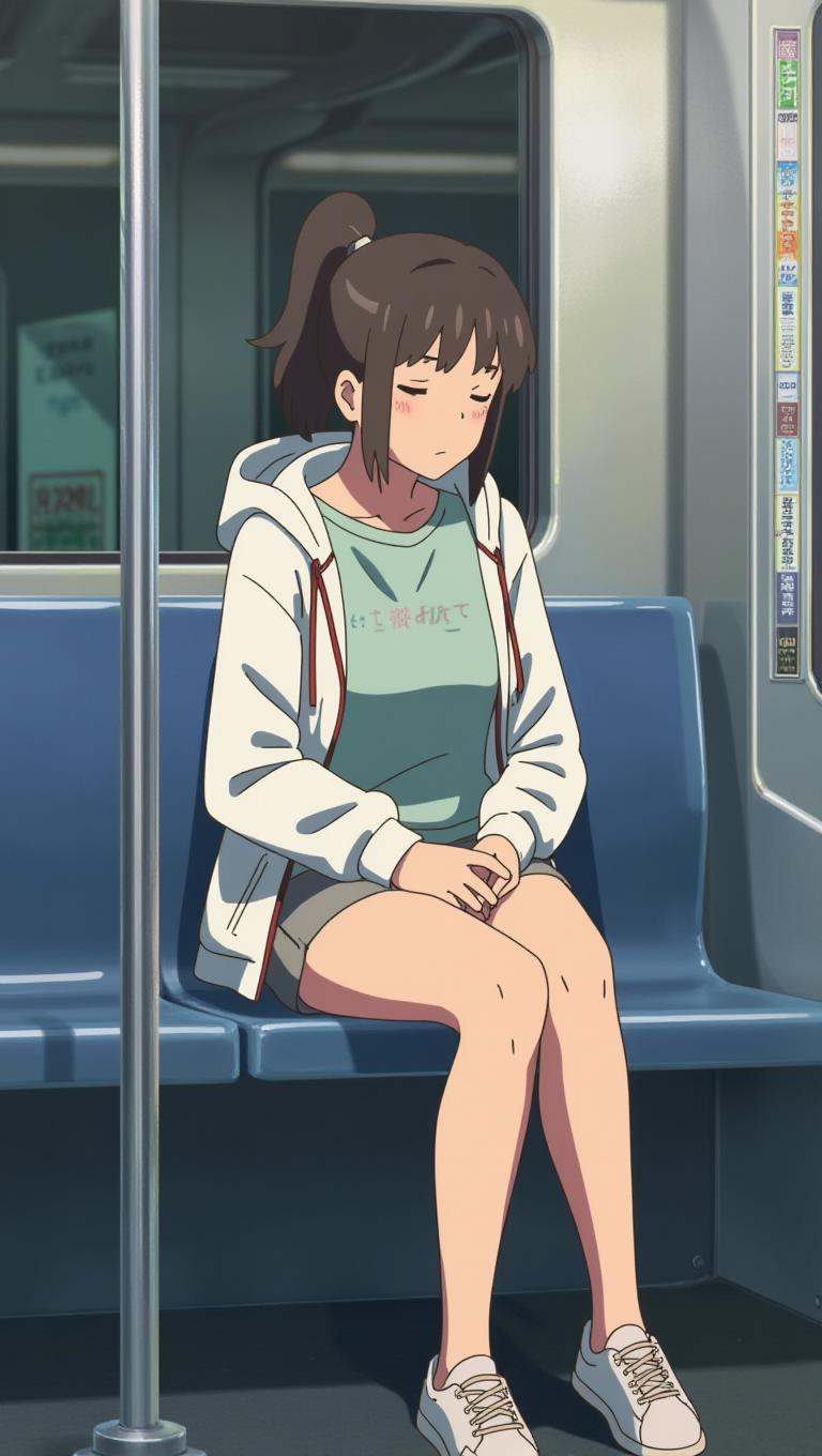 anime screencap in yn artstyle,  A young woman with a ponytail in a tshirt under an opened sweatjacket and shorts and snea...