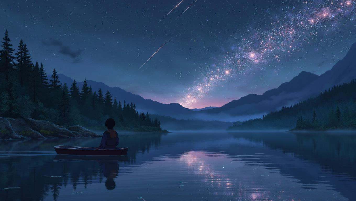 anime screencap in yn artstyle,  A breathtaking night scene of a meteor shower reflecting on a still lake. The shooting st...