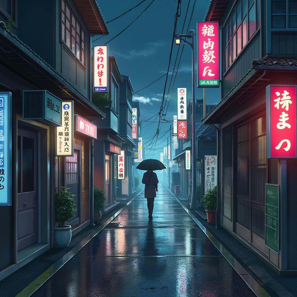 anime screencap in yn artstyle,  A narrow alley in a Japanese city,  glistening with rainwater. Neon signs from small shop...