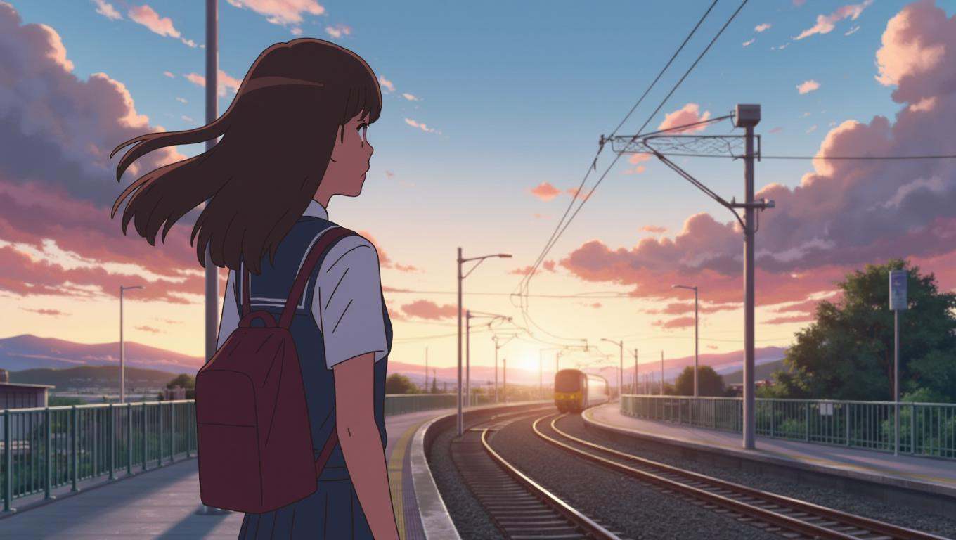 anime screencap in yn artstyle,  A schoolgirl in a summer uniform stands on an empty train platform,  gazing at the sky pa...