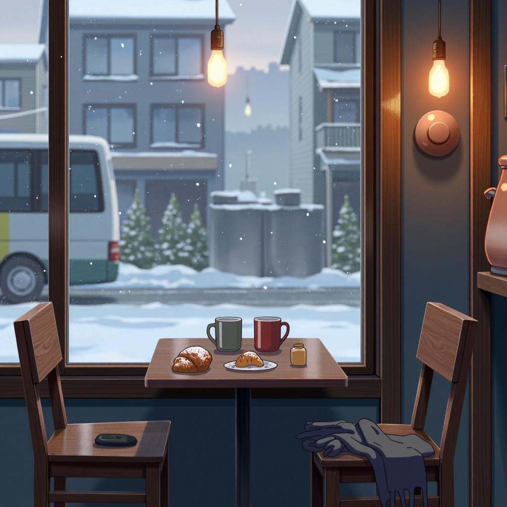 anime screencap in yn artstyle of a cozy,  warmly lit indoor cafe on a snowy winter afternoon,  devoid of people but full...