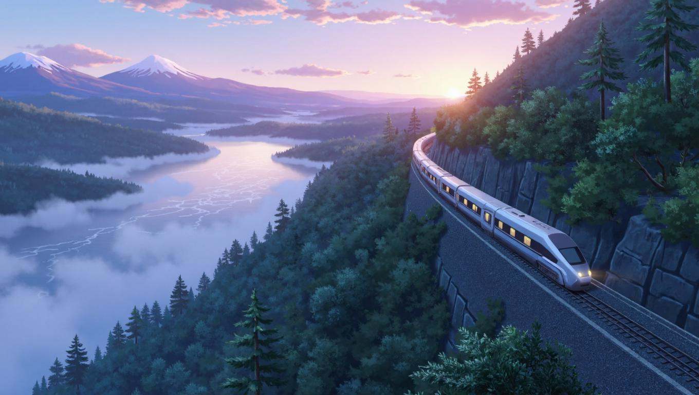 anime screencap in yn artstyle of a dramatic wide landscape view of a lone high-speed train snaking along the edge of a lu...