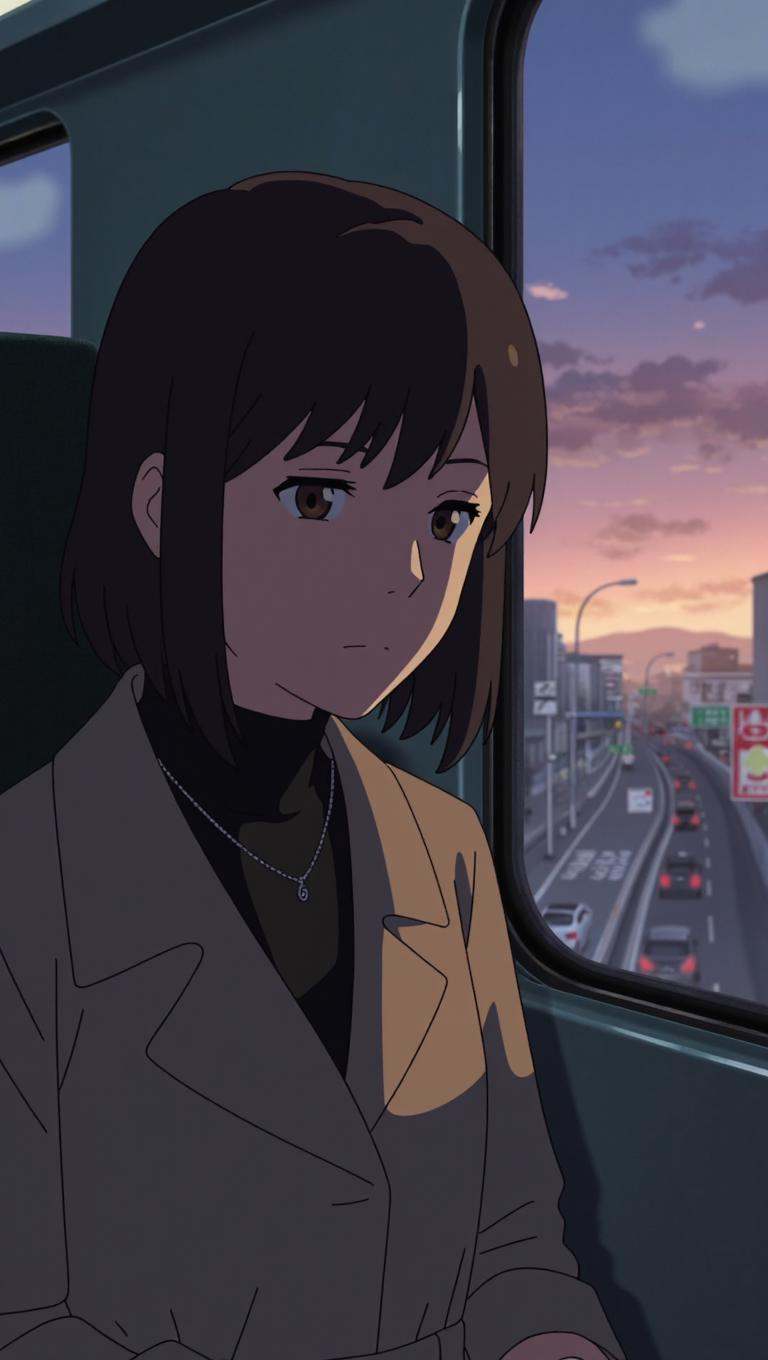 anime screencap in yn artstyle of a close-up portrait of an ***** woman inside a moving train at twilight,  with passing c...