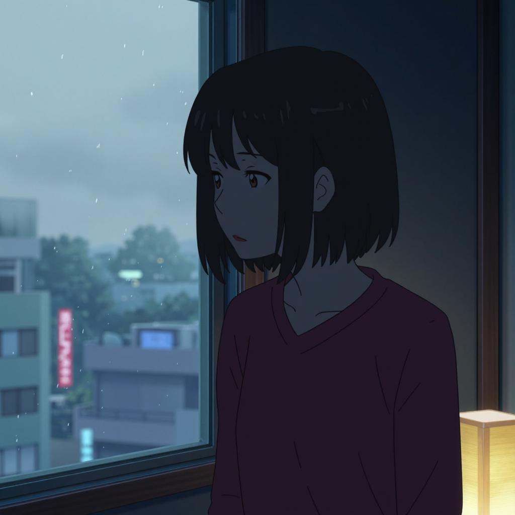 anime screencap in yn artstyle,  a quiet introspective moment inside a modest Tokyo apartment on a rainy afternoon,  prese...
