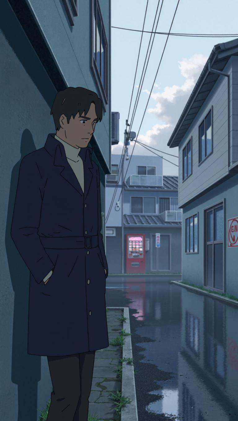 anime screencap in yn artstyle portraying a moody,  vertical character portrait of a lone ***** man standing in a narrow a...