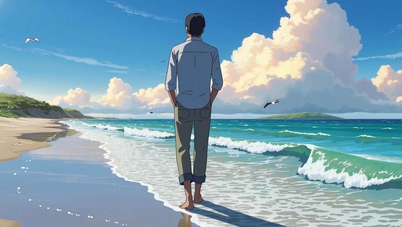 anime screencap in yn artstyle,  presenting a panoramic 16:9 frame of a windswept coastline in early summer,  with an ****...