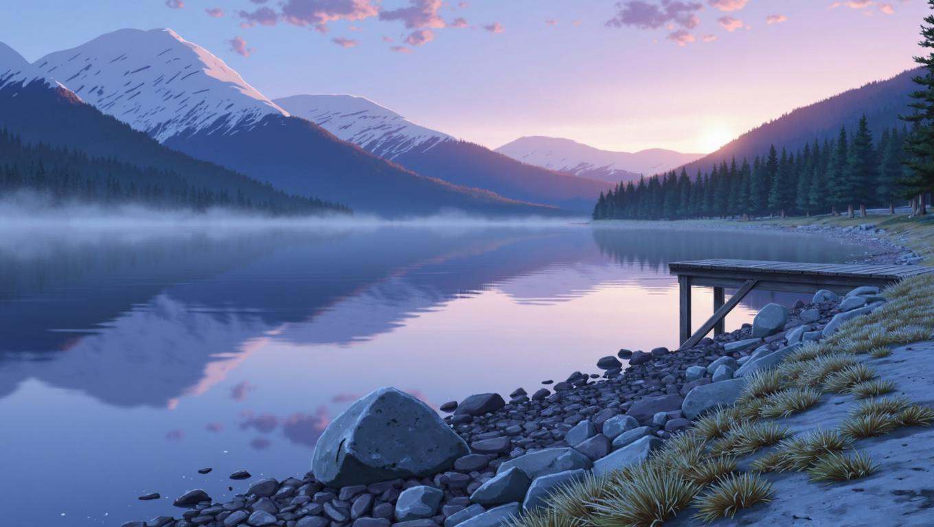 anime screencap in yn artstyle,  capturing a serene moment of a remote alpine lake just before sunrise,  nestled within a...