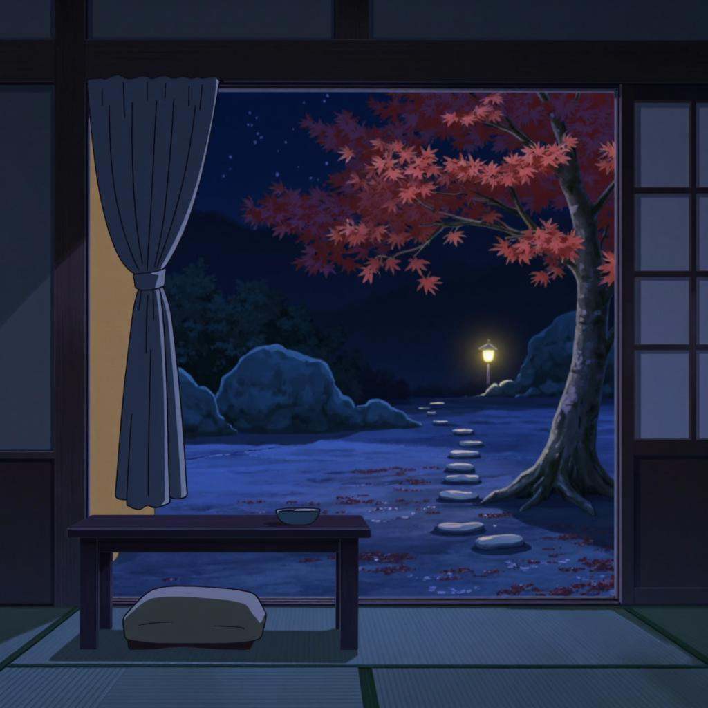 anime screencap in yn artstyle,  showing a partially open sliding door between a dimly lit traditional tatami room and a g...