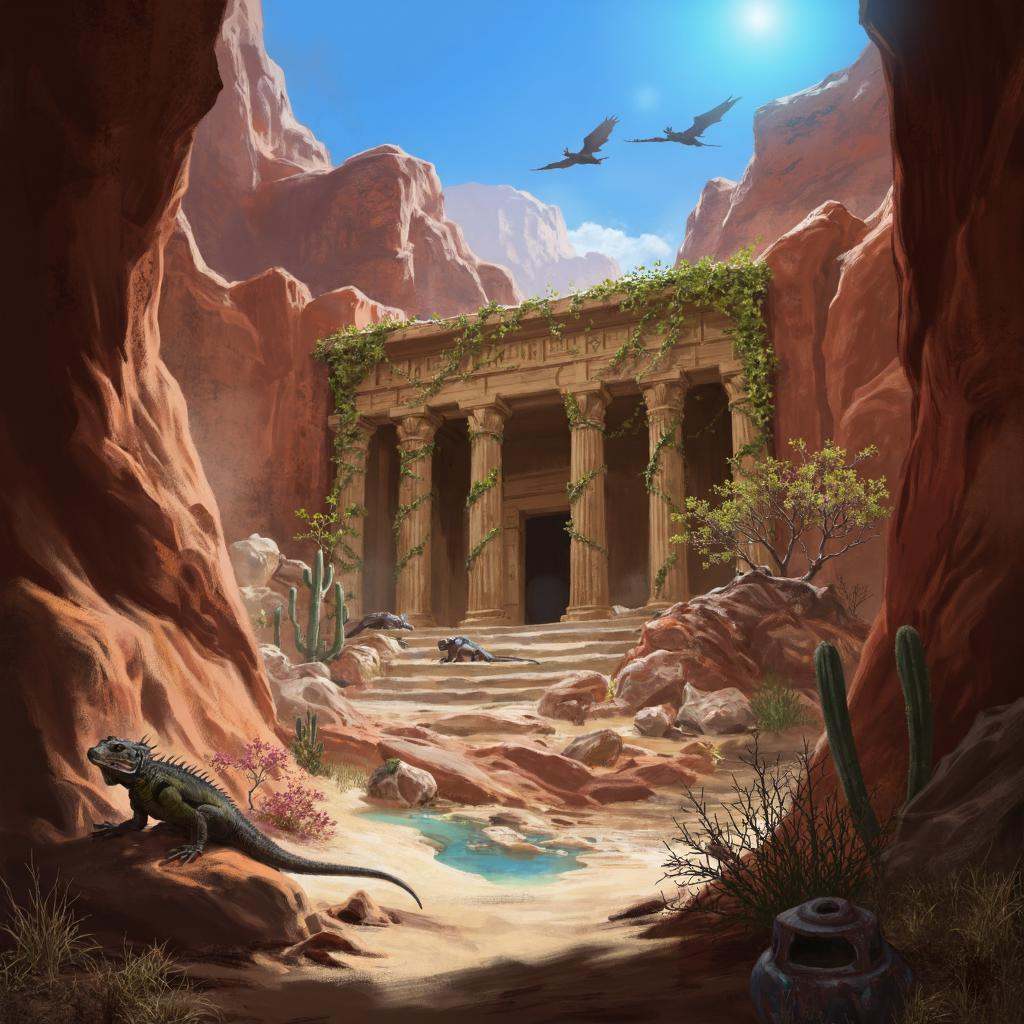 illustration in dad artstyle,  centered 1:1 frame showcasing an ancient,  vine-wrapped temple ruin deep within a red rock...