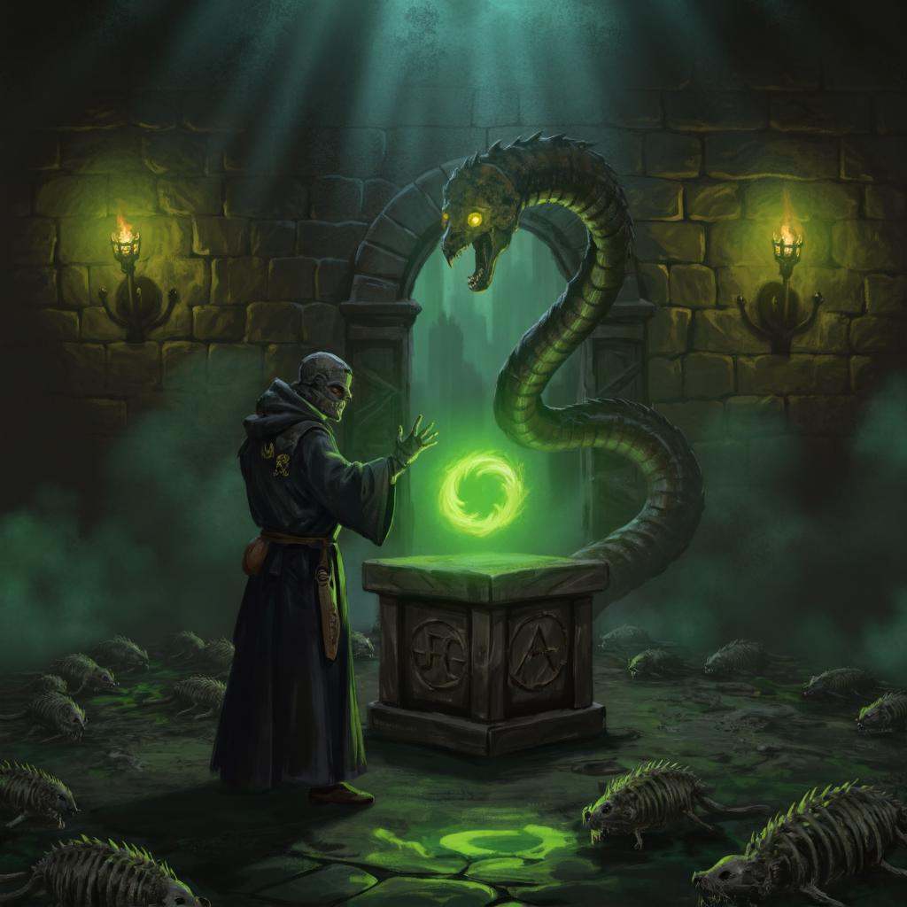 illustration in dad artstyle showing a claustrophobic and atmospheric square 1:1 frame of a necromancer’s catacomb deep un...