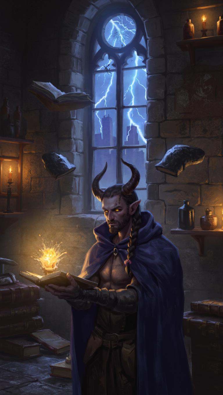 illustration in dad artstyle featuring a moody vertical portrait of a mature tiefling warlock in their arcane sanctum at n...