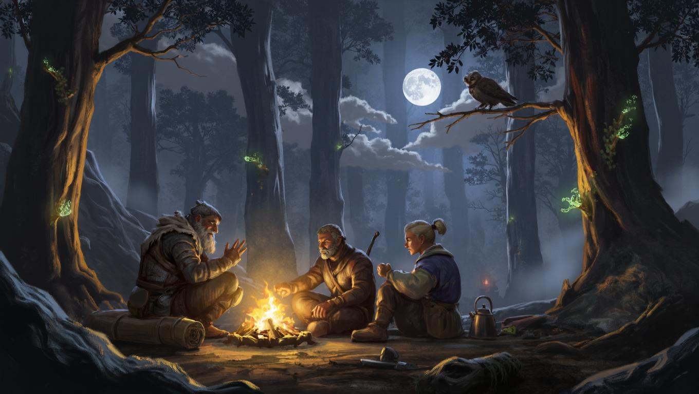 illustration in dad artstyle depicting a moonlit campsite deep within an ancient elven forest,  drawn in a painterly,  nar...