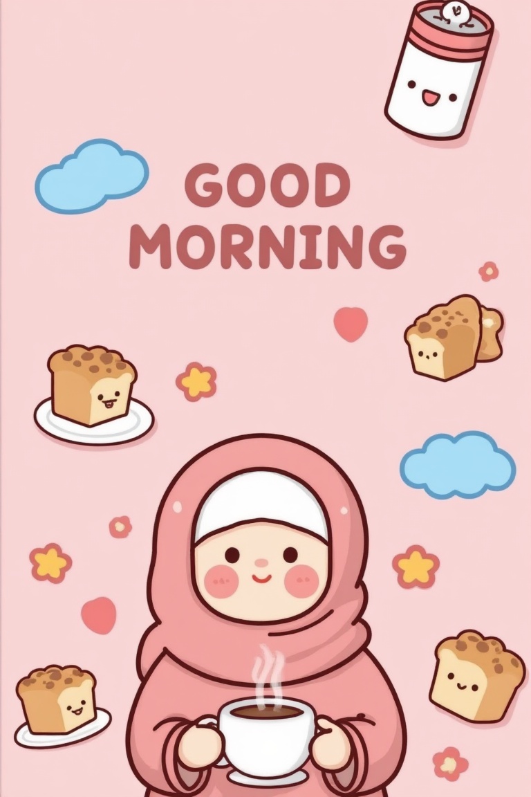 Cute cartoon style illustration with soft outline and vibrant pastel colors,  set against a dreamy background. A Muslim gi...