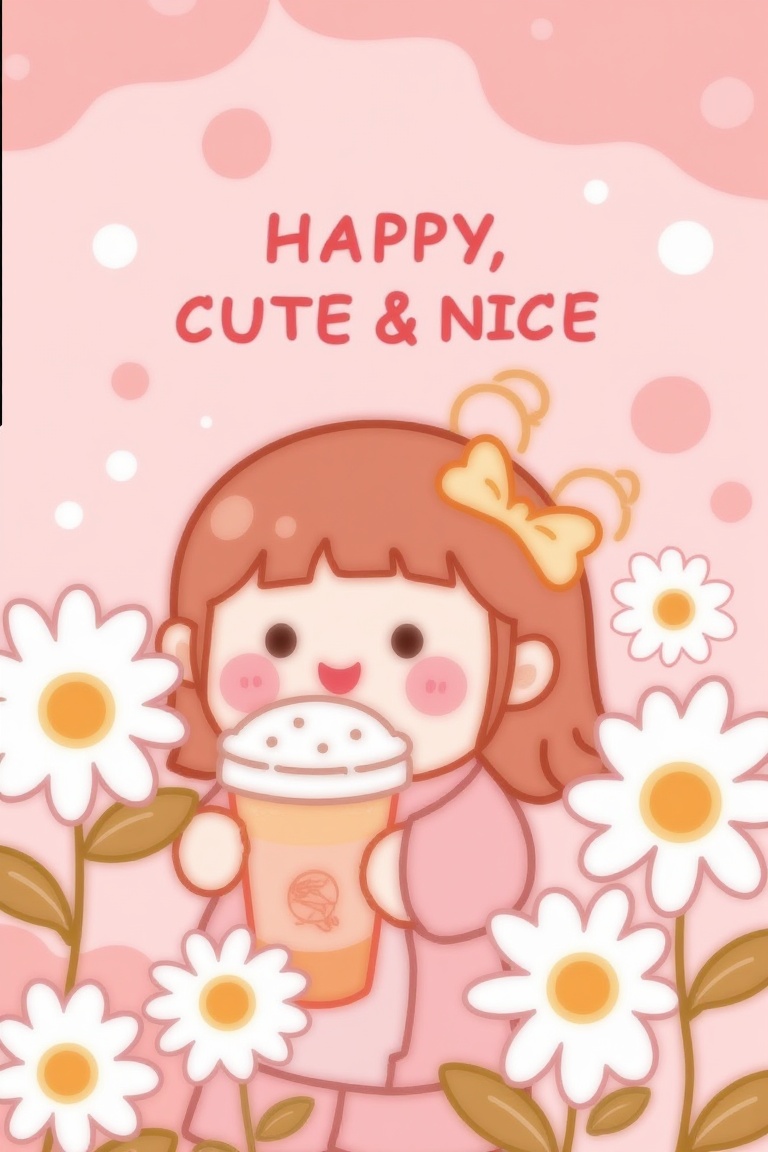 Cute cartoon style illustration with soft outline and vibrant pastel colors,  featuring a dreamy background. A cute girl w...
