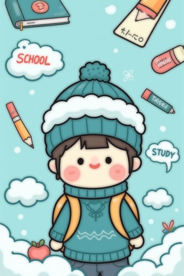 Cute cartoon style illustration with soft outline and vibrant pastel colors,  showcasing a dreamy background. A cute boy w...