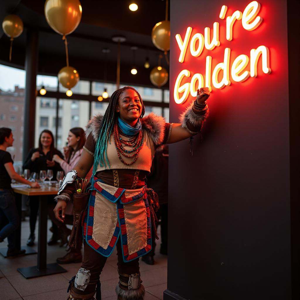 A candid digital photograph with soft ambient lighting,  captured during an indoor rooftop bar birthday celebration in the...