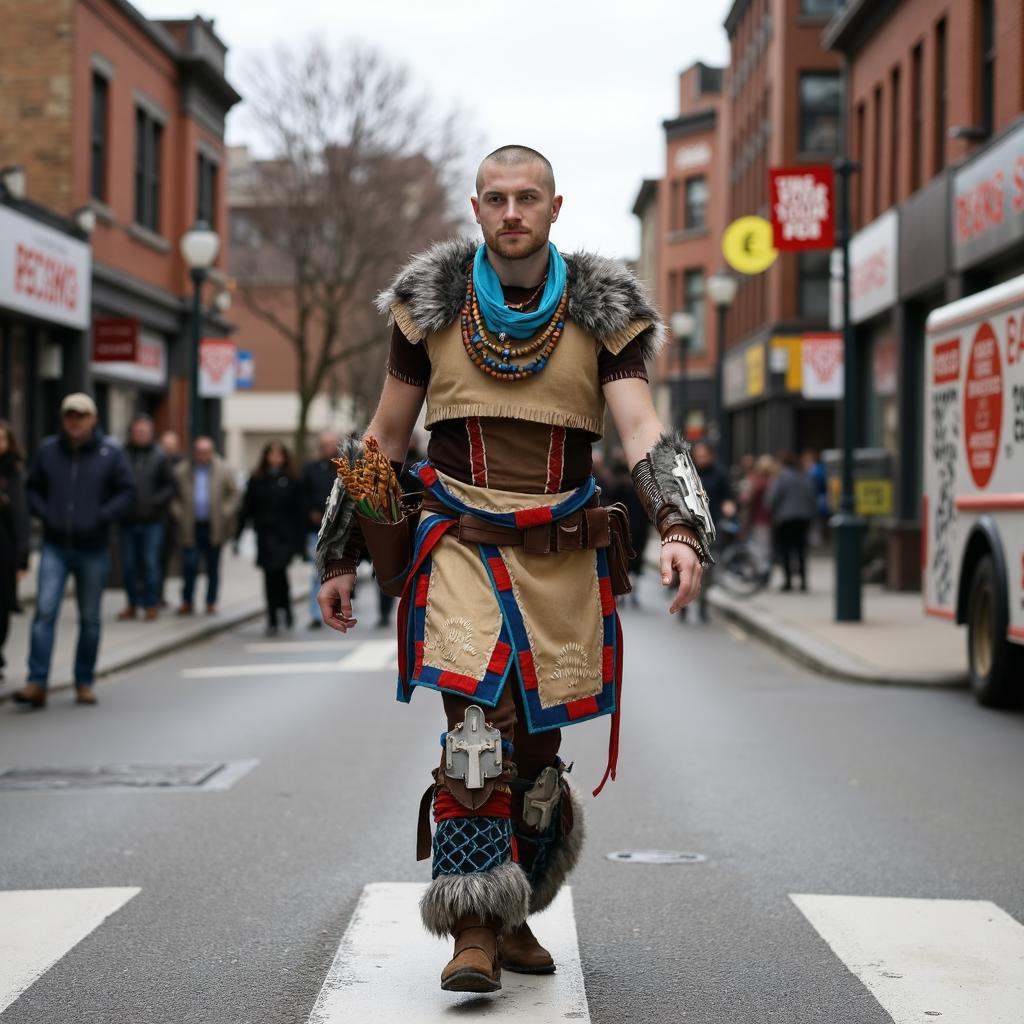 A square,  high-resolution candid street-style photograph taken with a modern DSLR. The image captures a tall,  heavy-set...