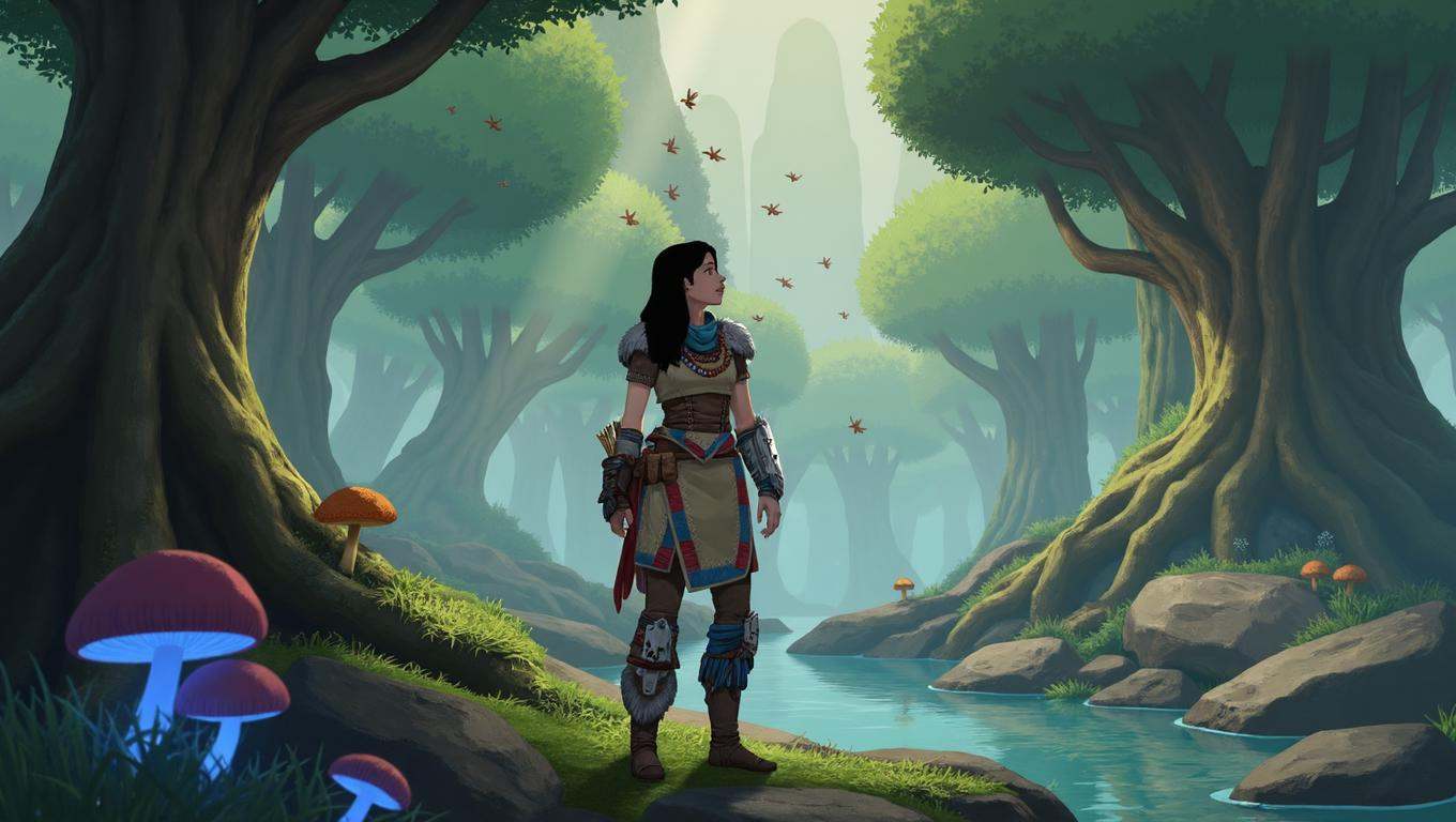 A lush,  hand-painted digital scene reminiscent of a Studio Ghibli fantasy world at the break of dawn. The mist still hang...