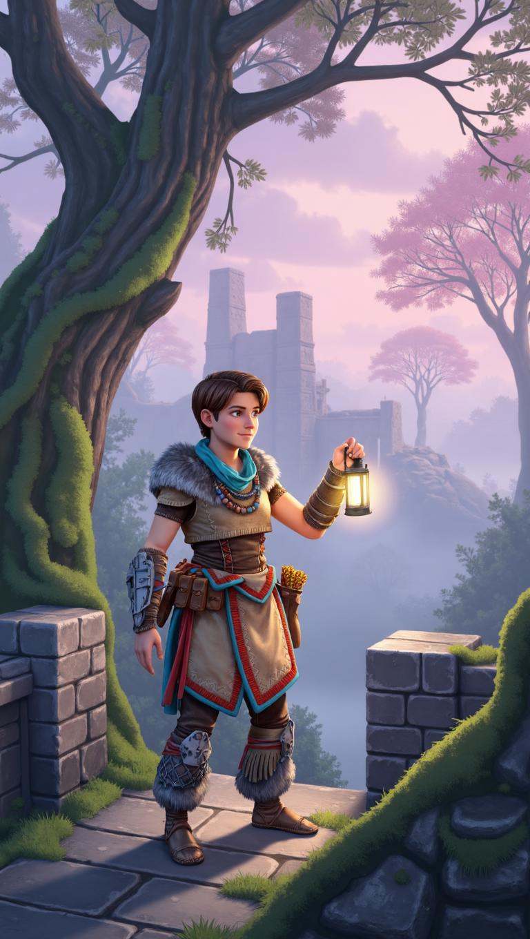 A dreamy watercolor fantasy illustration in a vertical 9:16 format,  depicting a young man standing on a mossy stone bridg...