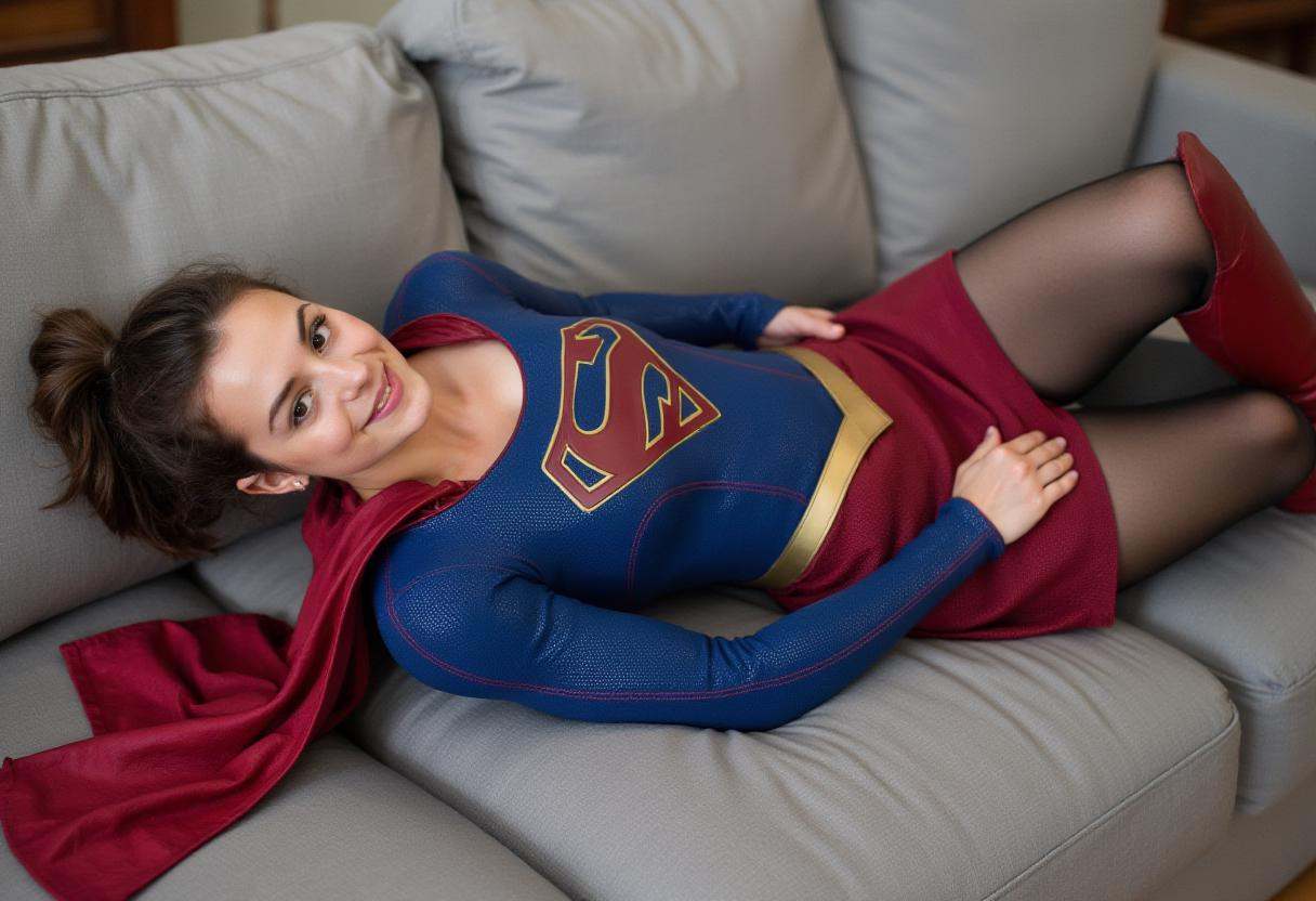 photo,  A young woman laying down on a couch and relaxing. she has brown hair in a ponytail. she is dressed in blue sg out...