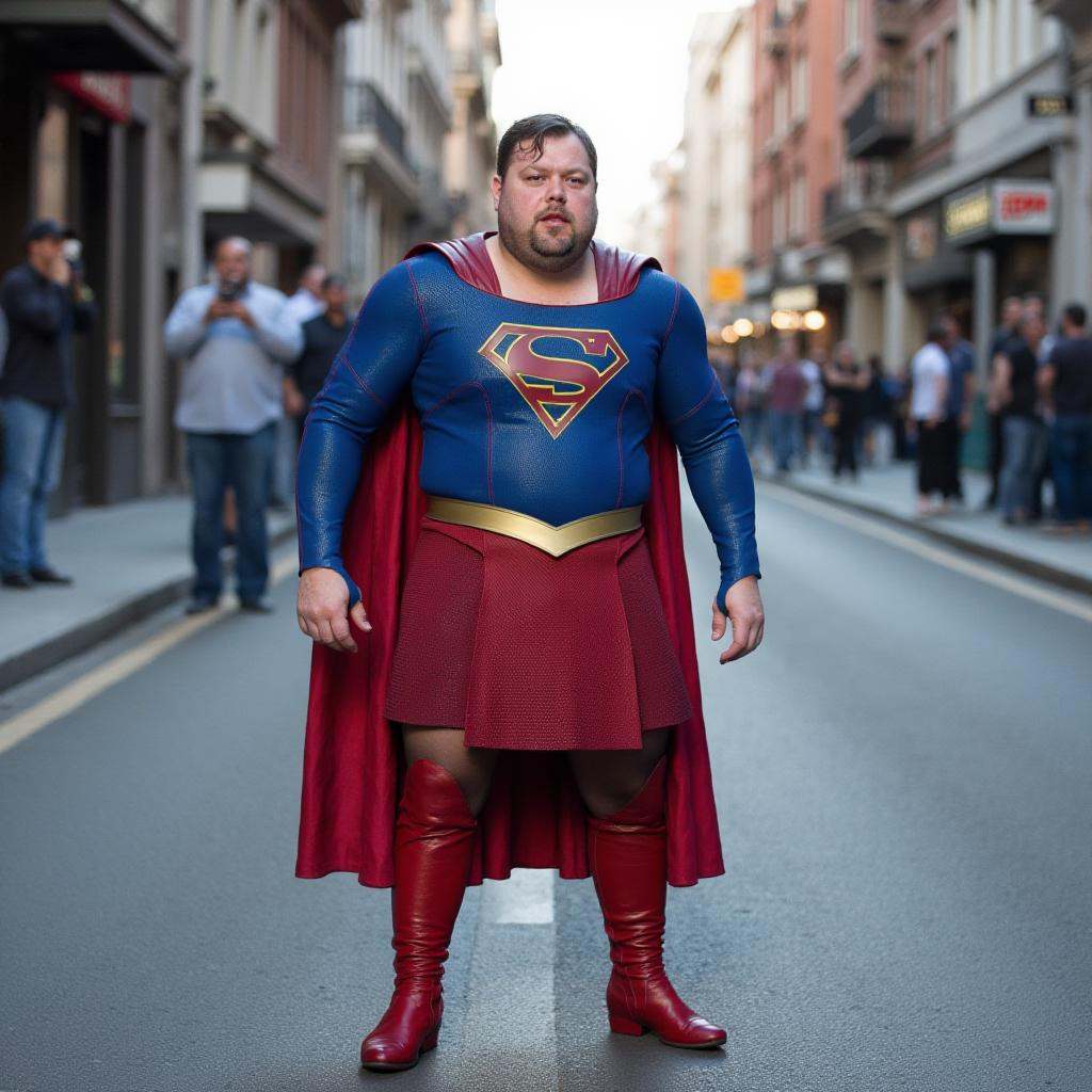 photo picturing a fat ugly man dressed in blue sg outfit shirt,  red sg outfit cape,  golden sg outfit belt on Tensor.Art